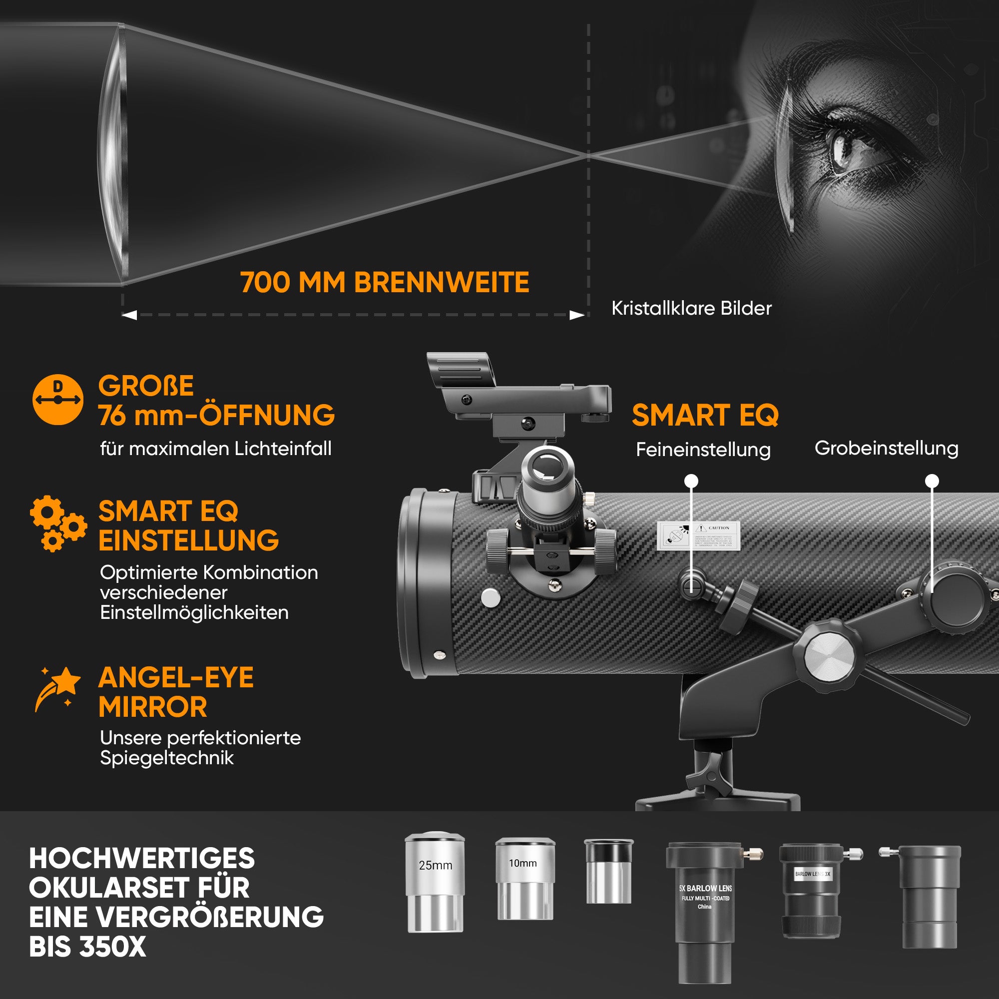 Teleskop mit bis zu 350-facher Vergrößerung