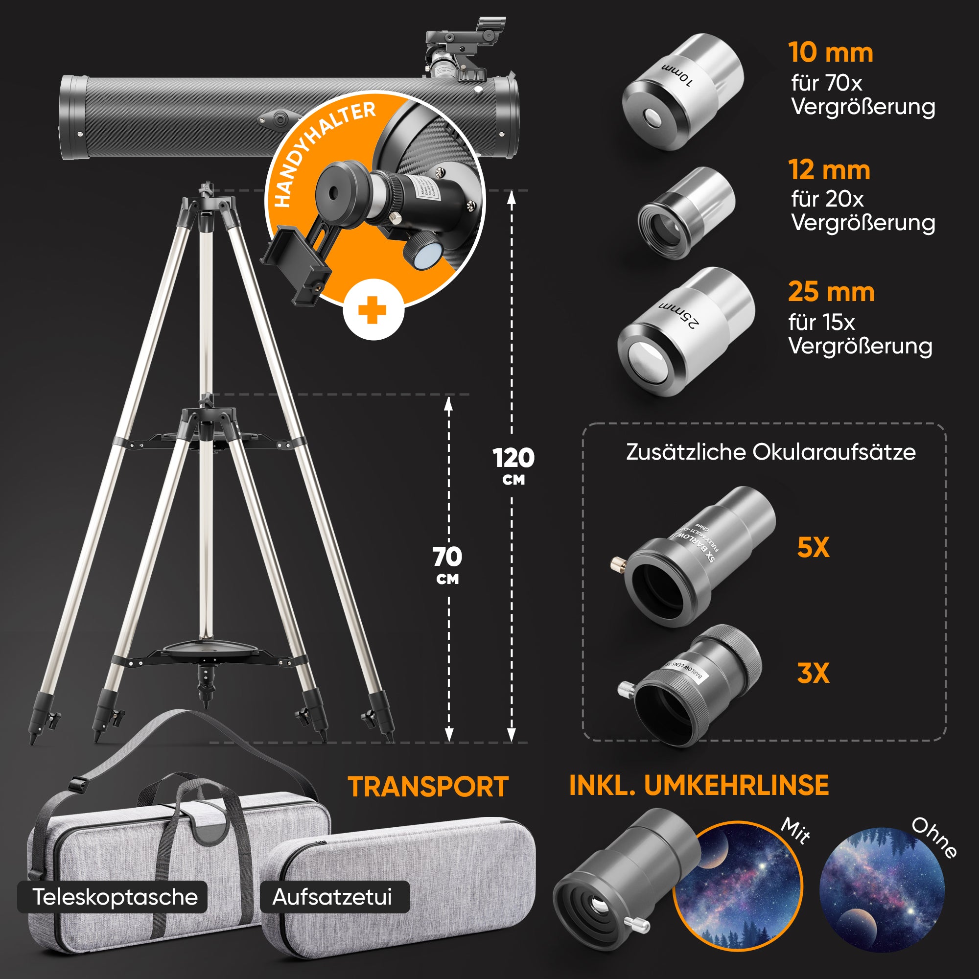 Teleskop mit bis zu 350-facher Vergrößerung